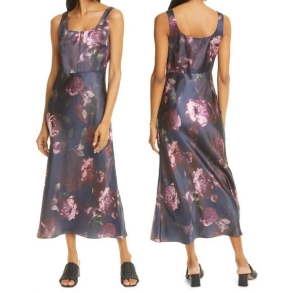Vince Dresses & Skirts - NWT Vince Night Garden Square Neck Satin Slip Dress Size 14 Black MSRP $395